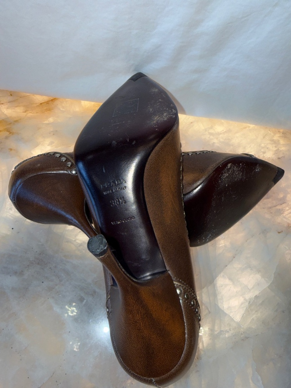 Prada Brown Studded Pointed Leather Pumps - Picture 7 of 9